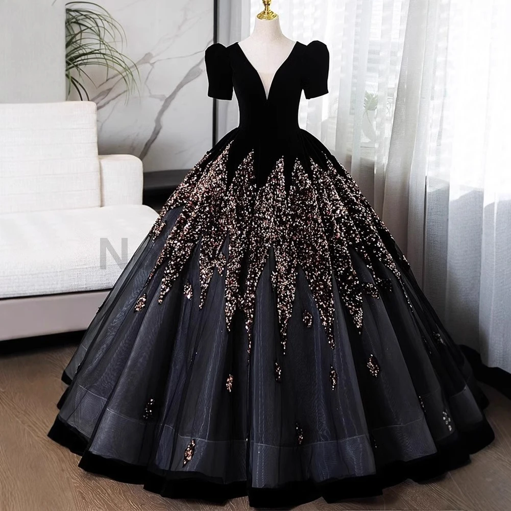 

Элегантное черное платье Quinceanera с v-образным вырезом длиной до пола, вечернее платье трапециевидной формы на заказ