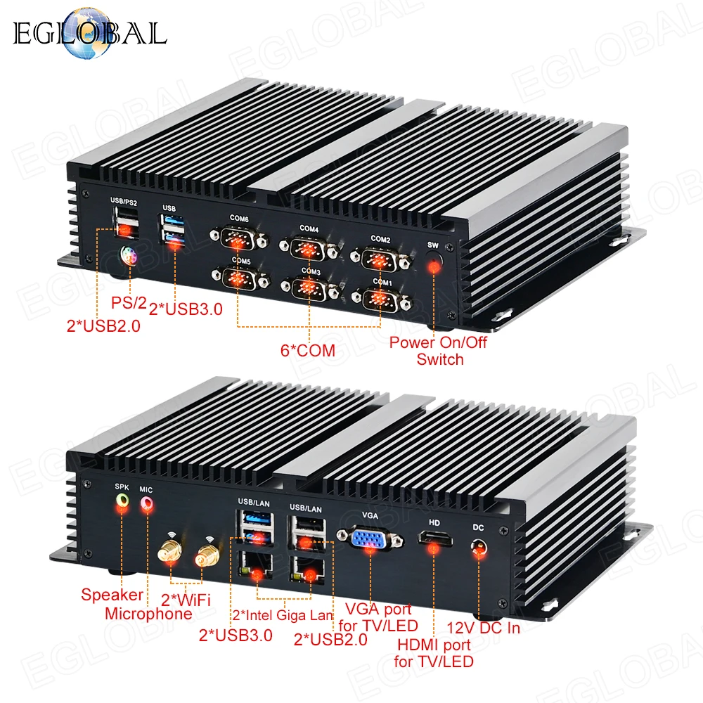 EGLOBAL Mini komputer przemysłowy i5-7300U/8260U 32G RAM 512G SSD komputer stacjonarny Windows11 HDMI 6 * COM 2 * LAN PS/2 SIM przemysłowe sztuki