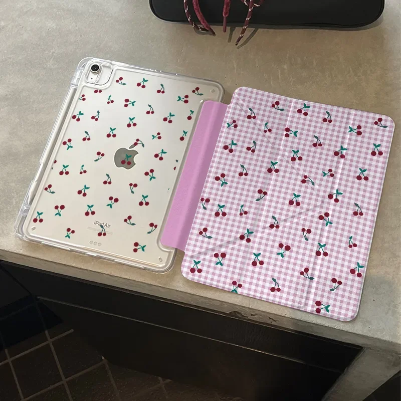 Pink Grid Full Screen Cherry For iPad Case iPad Air4 5 6 Pro 11 12.9 13 M4 M5 10.9 Mini 7 6 Y Folded Edge Case with Pen Holder