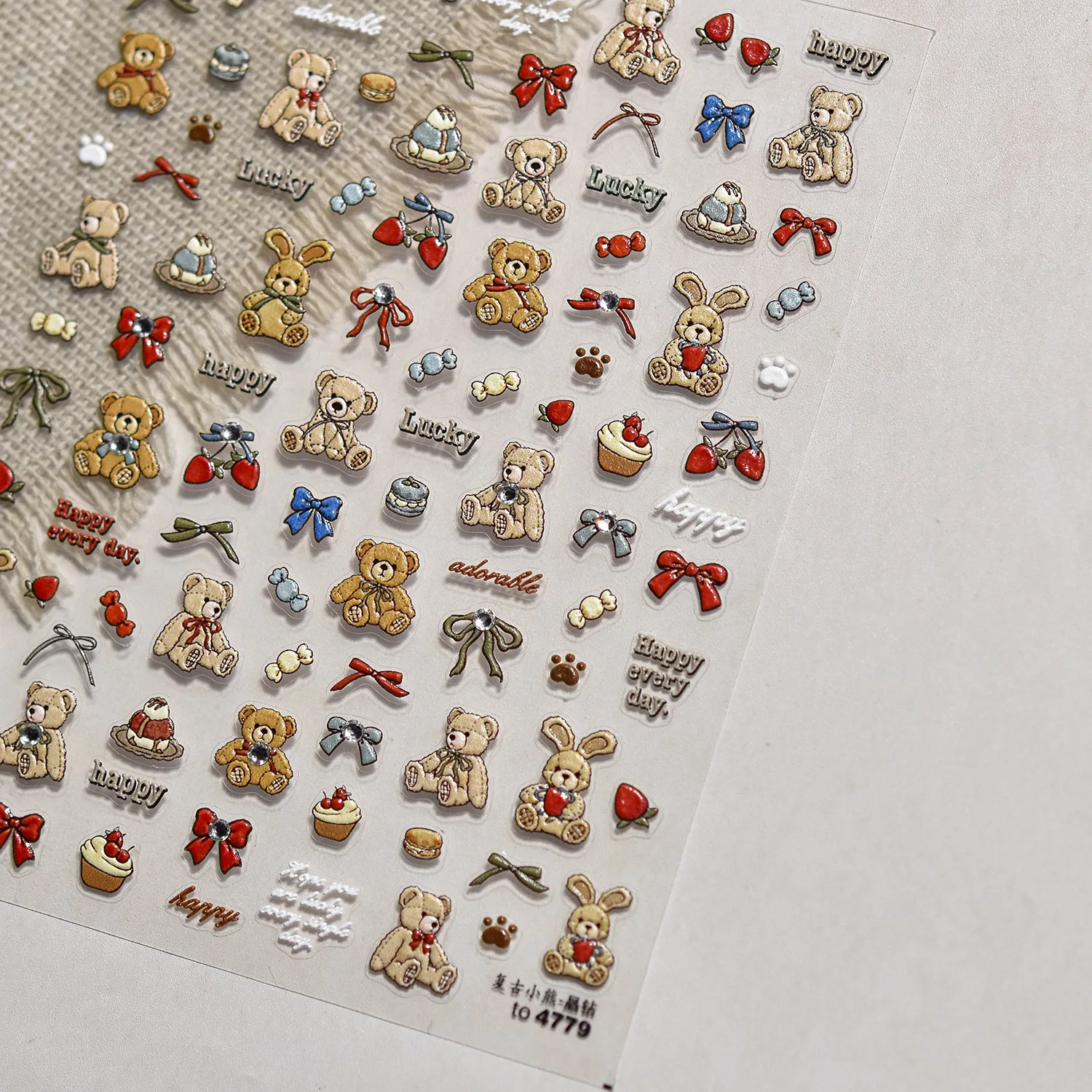 レトロクマちょう結びイチゴフラワーバスケットキャンドル 5D ネイルアートステッカーかわいいヴィンテージ自己粘着装飾マニキュアデカール DIY