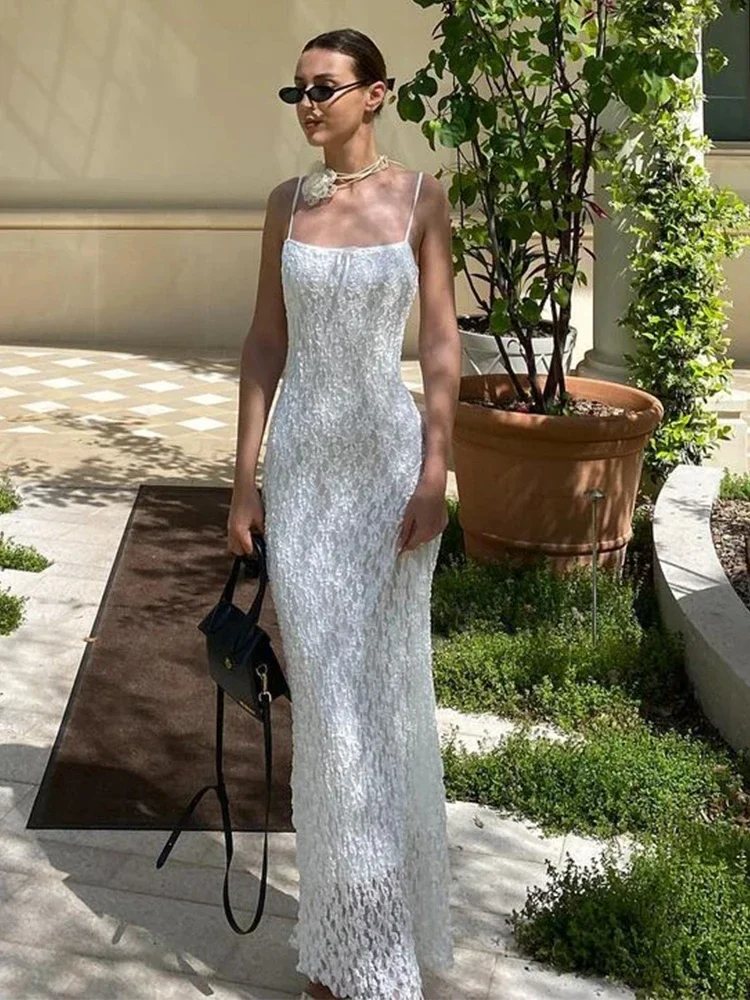 

Elegant Lace Party Dress Women Sexy Sheath Hip Package Sleeveless Female Evening Maxi Dresses 2024 White Hollow Slip Lady Robe