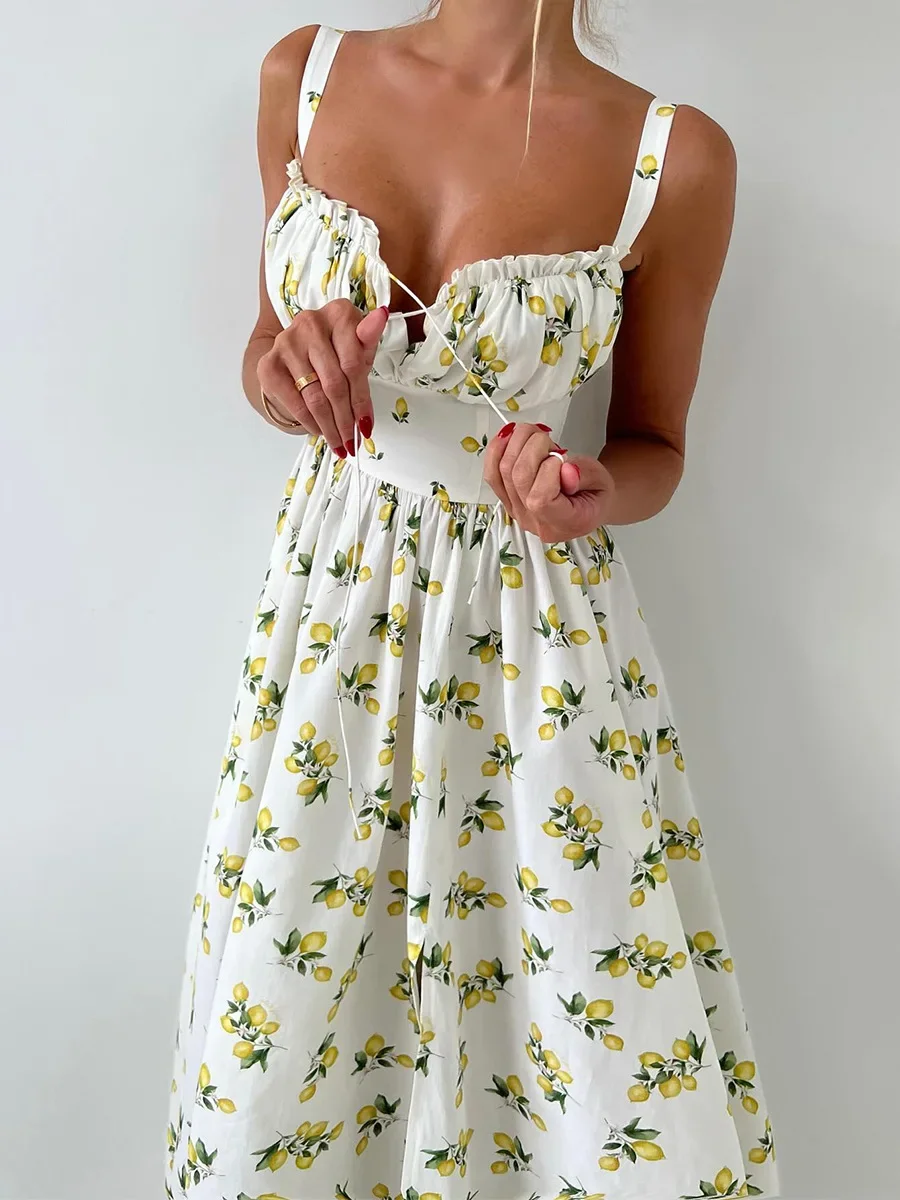 فستان كامي صيفي جديد مطبوع بخصر عالٍ وفتحة ليمون فستان ماكسي للإجازات فستان طويل للنساء