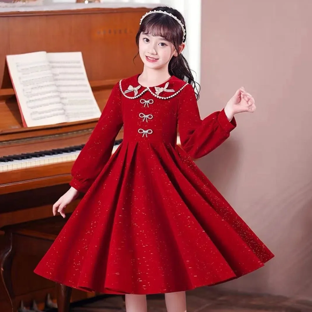 Kids Baby girl clothes pearl long sleeve party Dresses teenager new 4 5 6 8 9 10 14 12 year 2026 autumn winter cheongsam qipao
