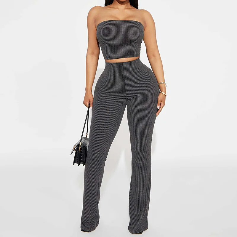 Neue frauen Kleidung Mode Bandeau One-Shoulder Weste Top Taille Tasche Hüfte Hosen Versunkenen Streifen Anzug Zwei-stück Set für Frauen ins STY