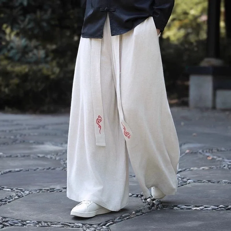 Men's Cotton Linen Skirt Pants Male Summer Bloomers Baggy Pants Pocket Comfort Breathable Daily Holiday Retro Vintage Pantalone