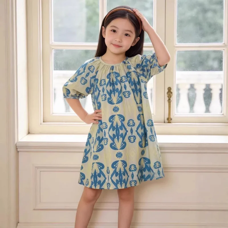 

Girls' Printed Short-Sleeve Dress2026New Summer Style Baby Girl Vacation-Style Beach Dress Princess Dress