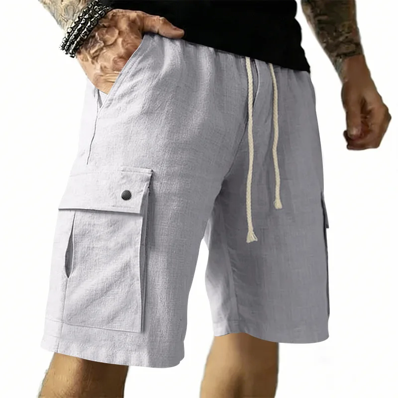 Cross-border Outdoor Bamboo Cotton and Linen Men's Elastic Tooling Light Ripe Casual Tactical Loose Sports 5-point Shorts