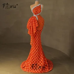 Orange Heavy Handmade Crystals Mermaid Formal Evening Dresses Arabic Sparkly Beads Tulle Illusion Celebrity Pageant Party Gowns