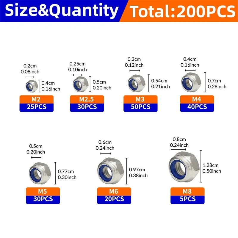 200 個 DIN985 六角ナイロンセルフロックナットステンレス鋼 M2 M2.5 M3 M4 M5 M6 M8
