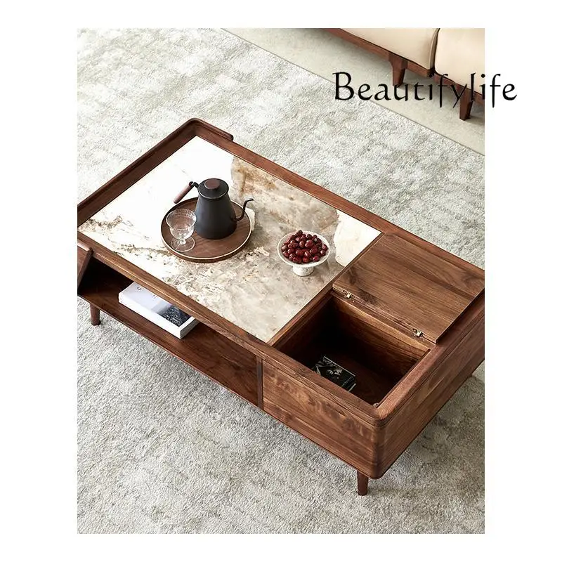 North America Black Walnut Stone Plate Coffee Table Nordic Light Luxury Creative Tea Table Modern Simple Rectangular Tea Table