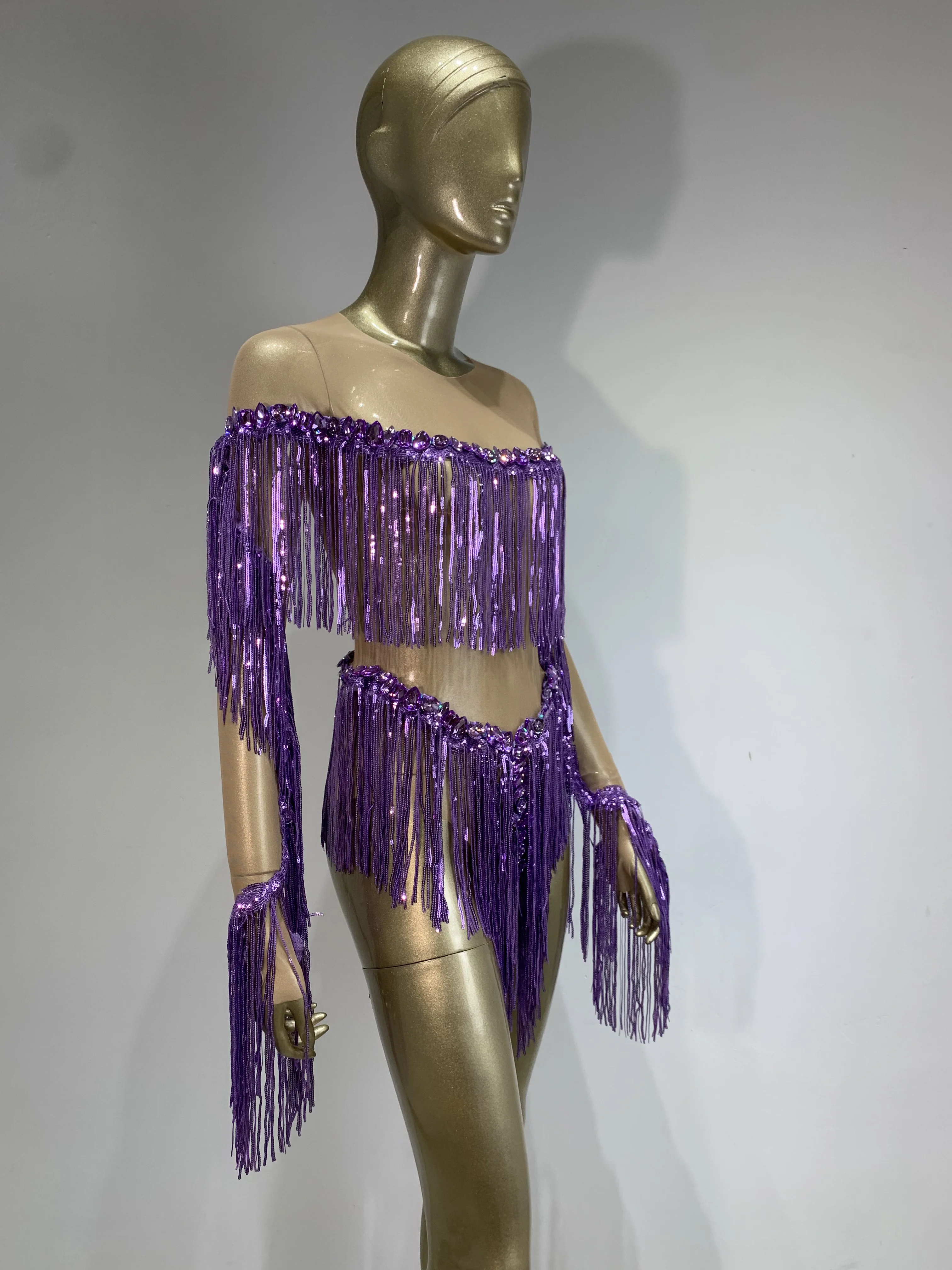 Women Sexy Mesh Transparent Rhinestone Tassel Bodysuit Singer Dancer Nightclub Outfit Sparkly Stage Performance Costume