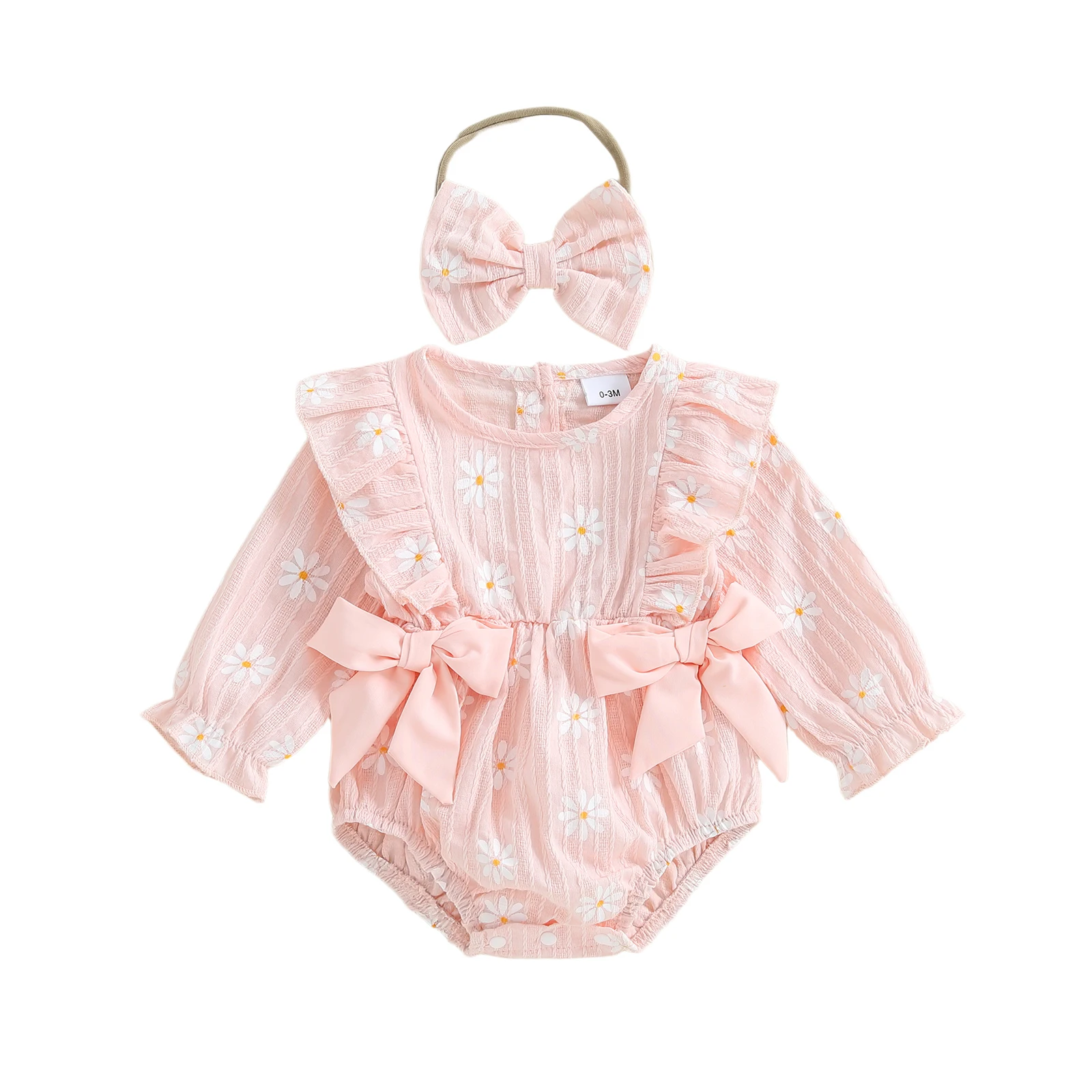 

Baby Girls Rompers Daisy Print Round Neck Ruffles Long Sleeve Infant Fall Bodysuits Jumpsuits with Headband