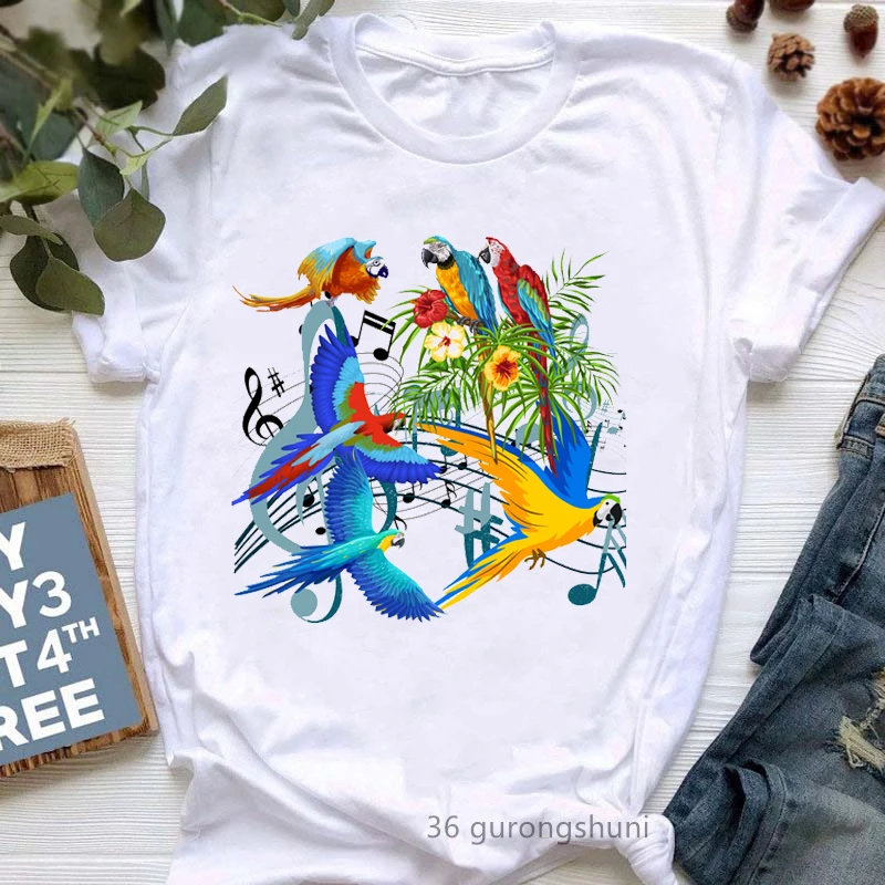 Summer Kawaii Parrot Flying Among-St note musicali stampa T Shirt abbigliamento donna divertente Music Lover Tshirt Femme Clothes T-Shirt