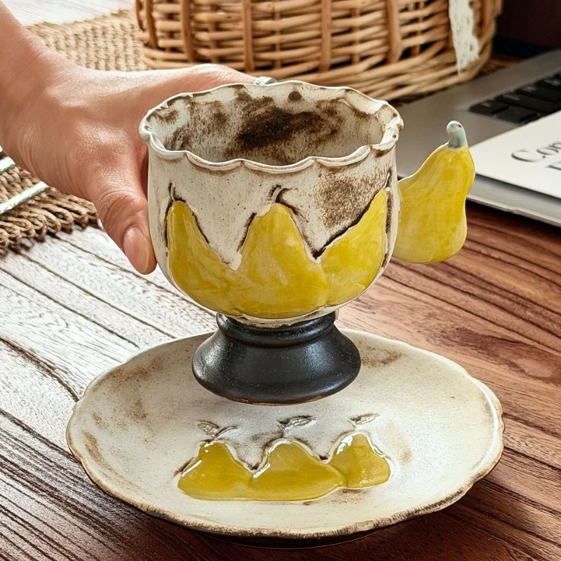 Handmade pear shaped ceramic high footed mug & Saucer Set,creative retro rough ceramic coffee cup,afternoon tea cup,tea cup gift
