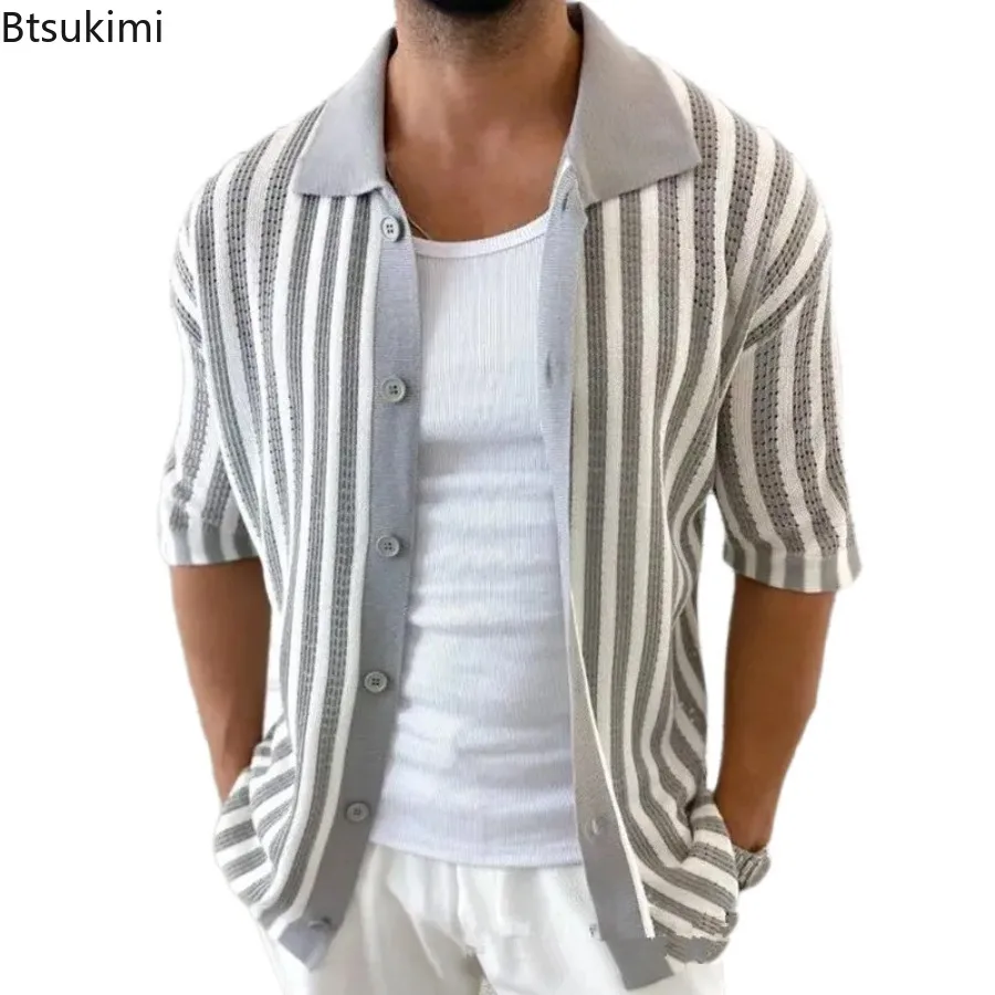 New 2025 Men's Summer Striped Knitted Polo Shirts Short Sleeve Turn-down Collar Button Cardigan Top for Men Casual Knitted Shirt