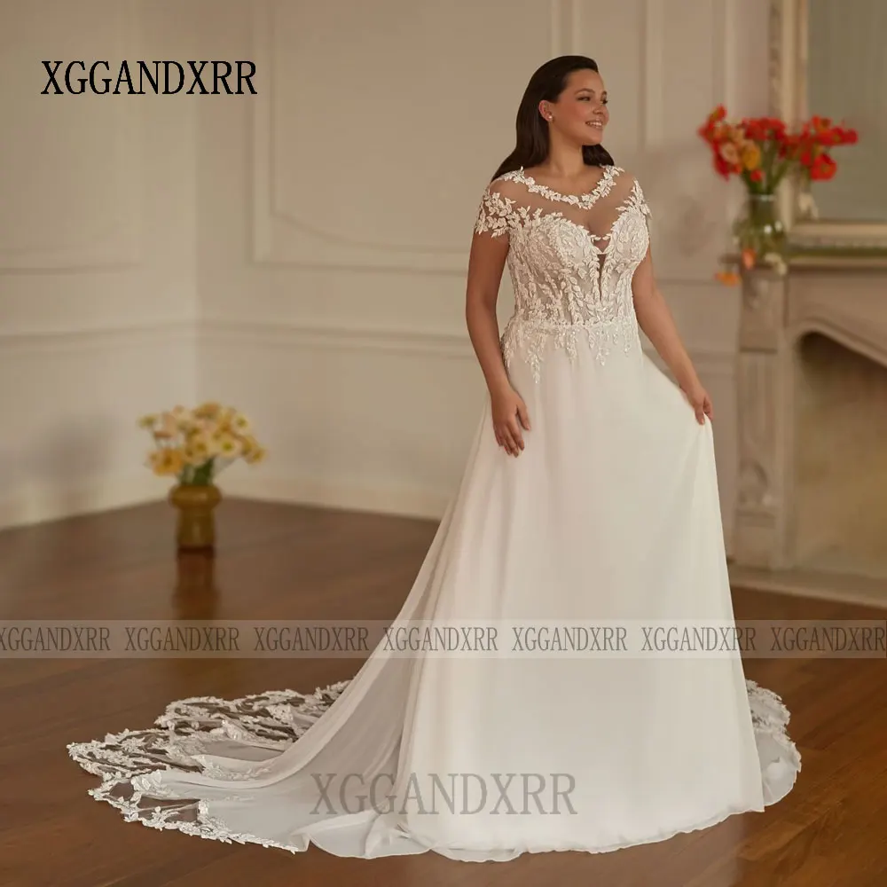 Vestidos de novia de encaje con apliques de línea A de lujo, vestidos de novia de manga corta con cuello redondo, vestido Formal de fiesta de boda de cola larga 2026