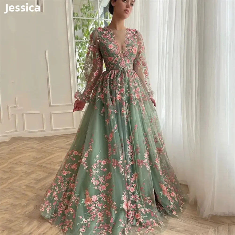 Jessica lange Ärmel in grünen Ballkleider Luxus Blumen arabische Eleganz für Frauen Abendkleider Hochzeit Cocktail kleider