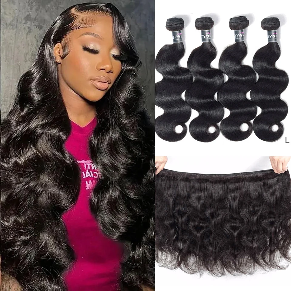 Yyong Body Wave Bundles Peruvian Hair Weave Bundles 4 PCS Human Hair Bundles 8-32In Remy Hair Extensions Natural Color For Women