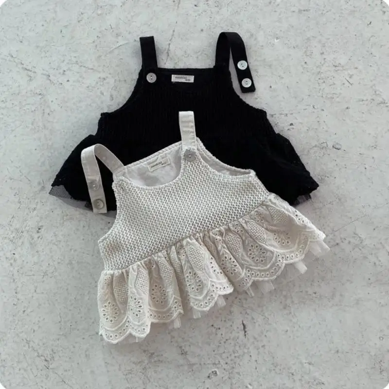 

2025 Autumn New Baby Girl Sleeveless Sling Tops Cotton Infant Girl Solid Princess Lace Blouse Toddler Lace Shirts Baby Clothes