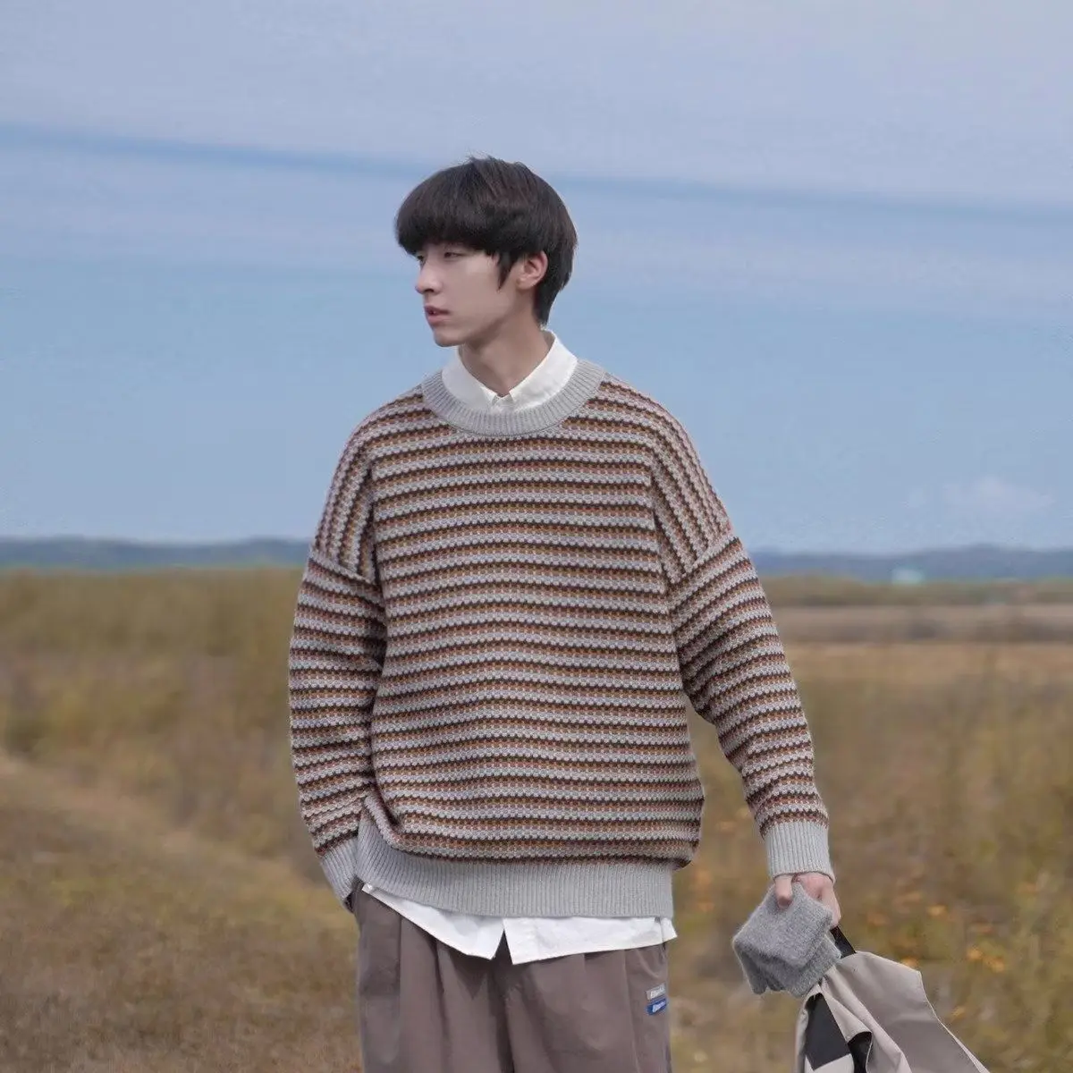 

Мужской трикотаж Thiened на осень-зиму, свободный крой, Гонконгский повседневный свитер, верхняя одежда, полиэфирное волокно, обычная длина