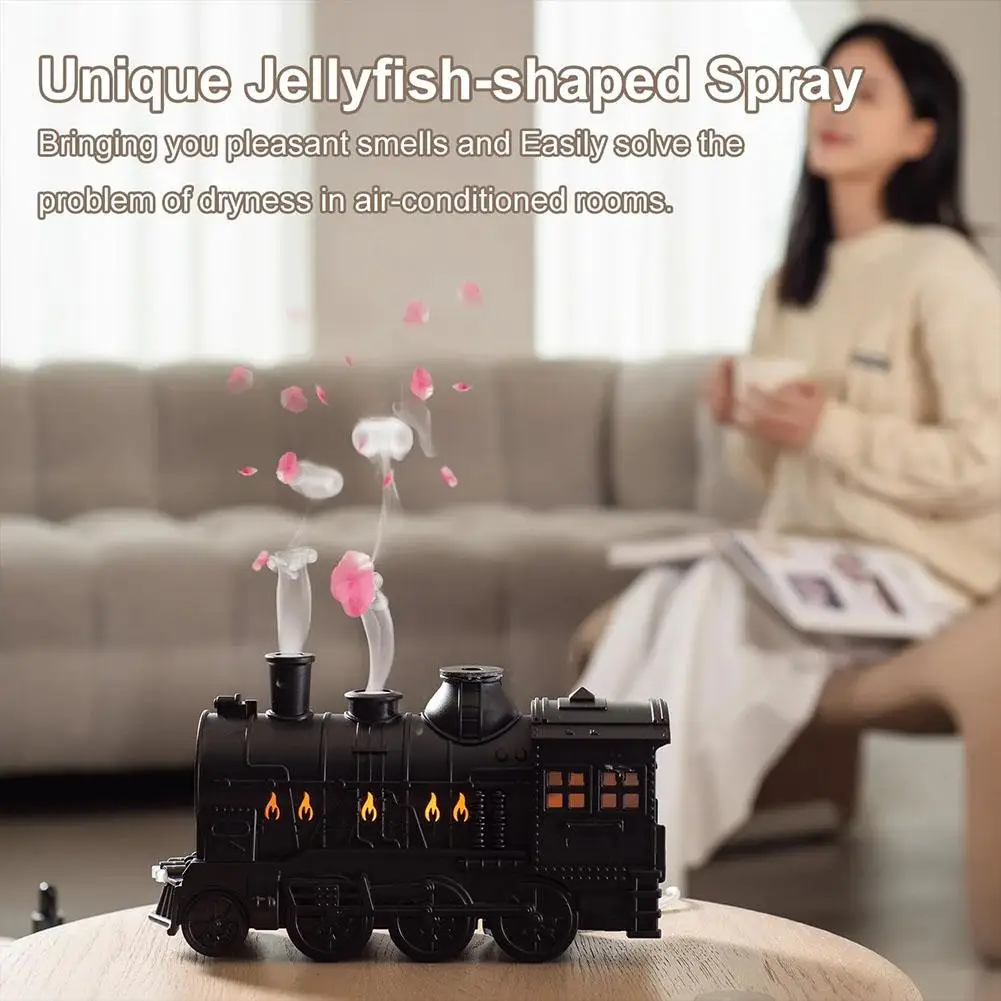 Vintage Train Air Humidifier Steam Locomotive Aroma Essential Oil Diffuser 300ML with Remote Control LED Light Gift Desk