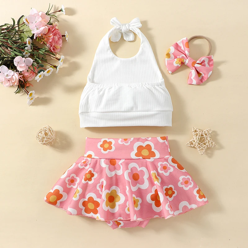 Kids Girls Shorts Set Lacing Halterneck Backless Vest with Flower Print Skort and Hairband