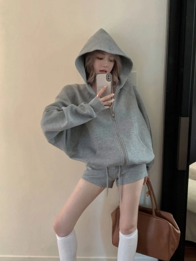 Sweet Hot Girl Casual Suit Women Autumn Hooded Loose Jacket Drawstring Straight Leg Shorts Two-piece Set Fashion Female Clothes