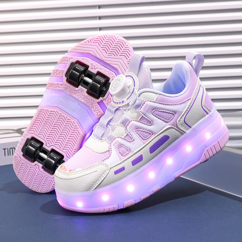 Kinderen Vier Wielen Lichtgevende Gloeiende Sneakers Zwart Roze Led Licht Rolschaats Schoenen Kinderen Led Schoenen Jongens Meisjes USB Opladen