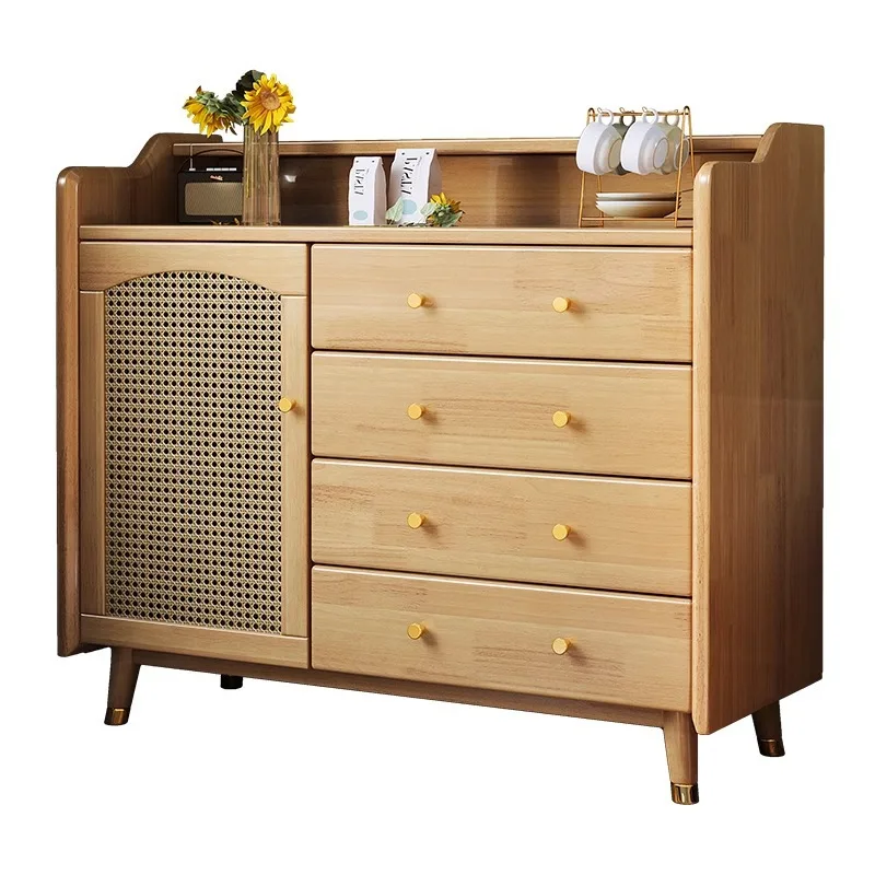

Nordic retro, solid wood dining side cabinet, rattan storage cabinet, locker, living room drawer