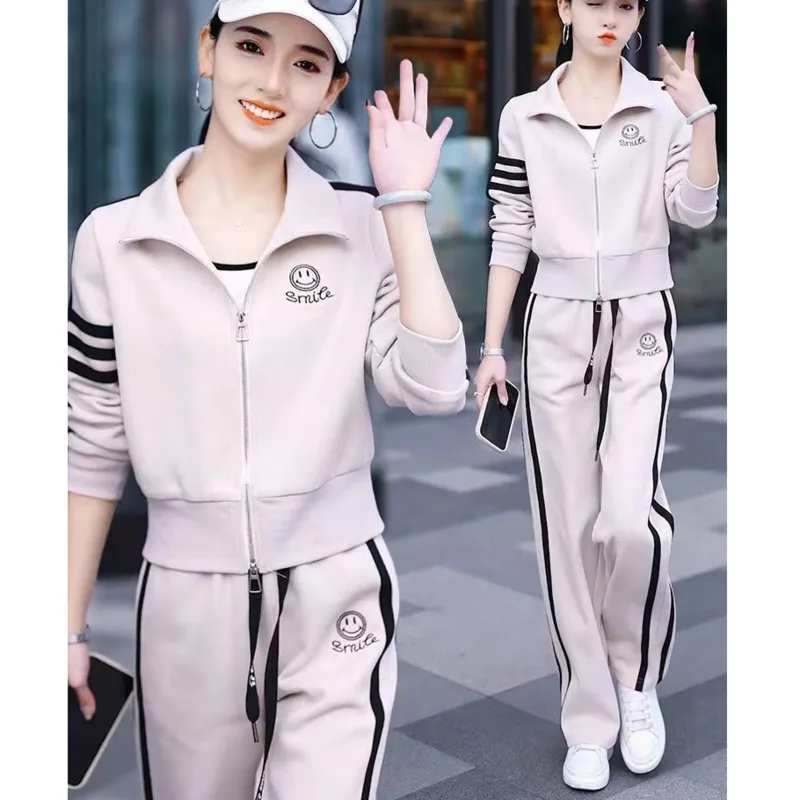 Leisure Sportswear Suit For Women\'s Spring And Autumn 2023 New Westernized Fashion Sweater Jacket Wide Leg Pants 2 Two Piece Set