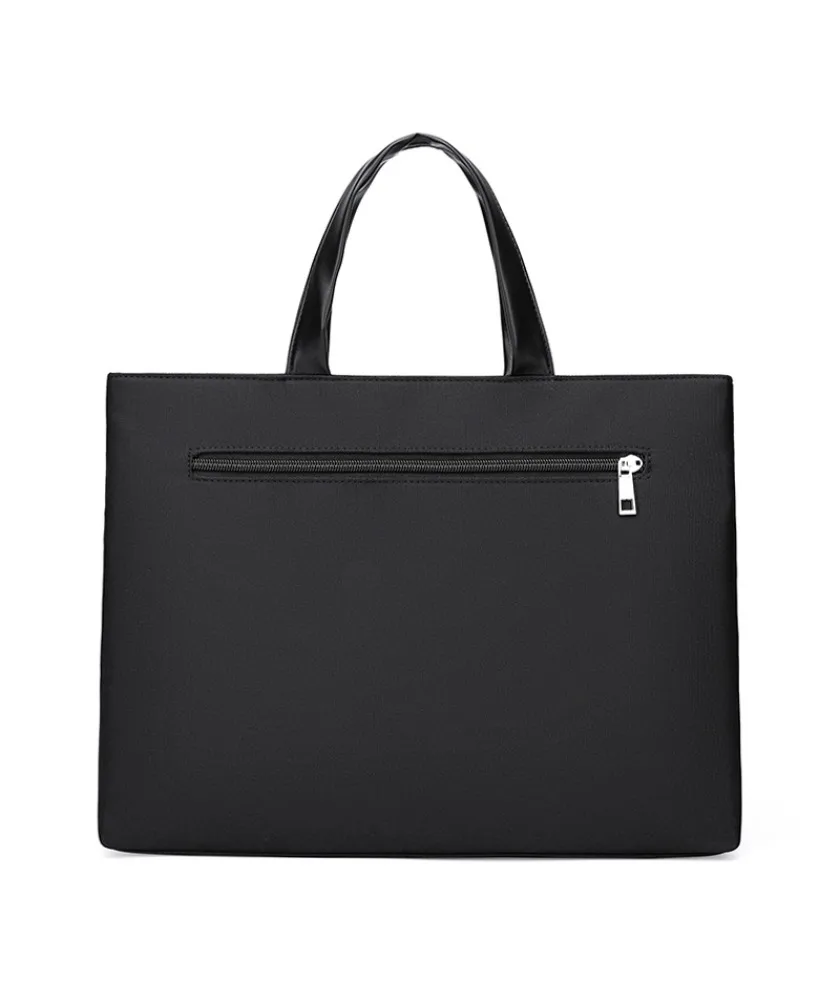 Black business tote bag smooth matte surface leather handle single brand patch suitable for office commute meetings daily use