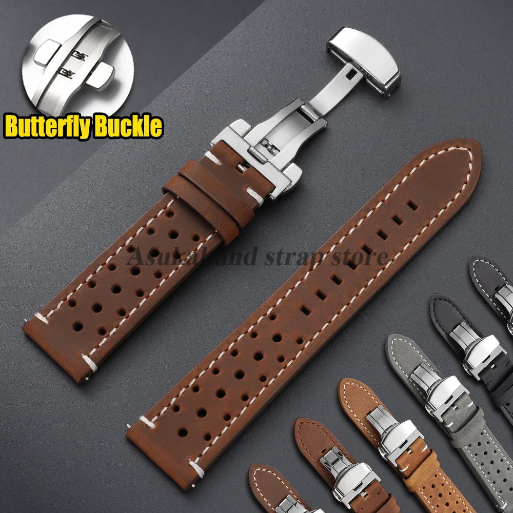 

Кожаный ремешок для часов 18 мм, 20 мм, 22 мм для Samsung, Huawei Band 19 мм, 21 мм, 24 мм, ремешки для Seiko, браслеты из воловьей кожи с застежкой-бабочкой