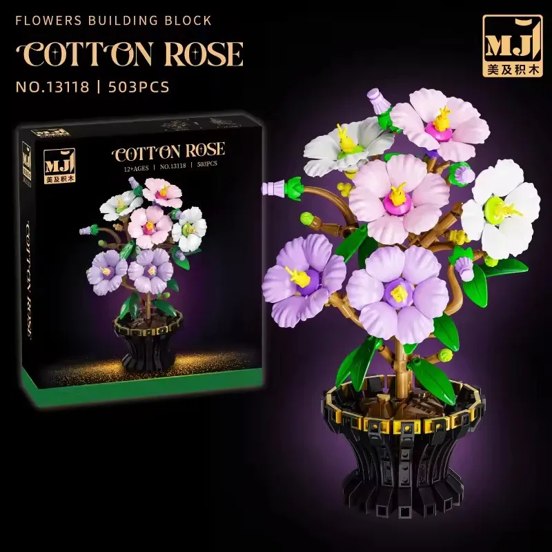 Bonsai Flower Series MOC Building Blocks Set Bird of Paradise Cotton Rose Potted Construction Home Decoration DIY Toys view 4