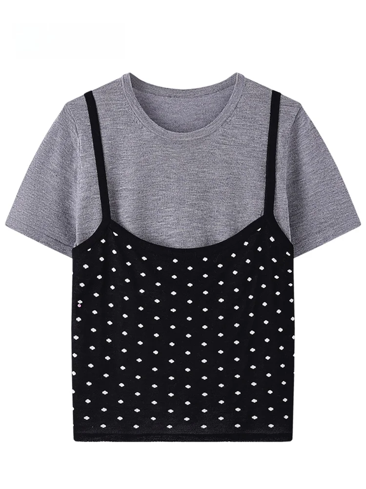 

JZZDEMM Polka Dot Texture Knitted Tank Top And orts Women's Faion Set Simple Sle Cotton Blend Summer Autumn Wear