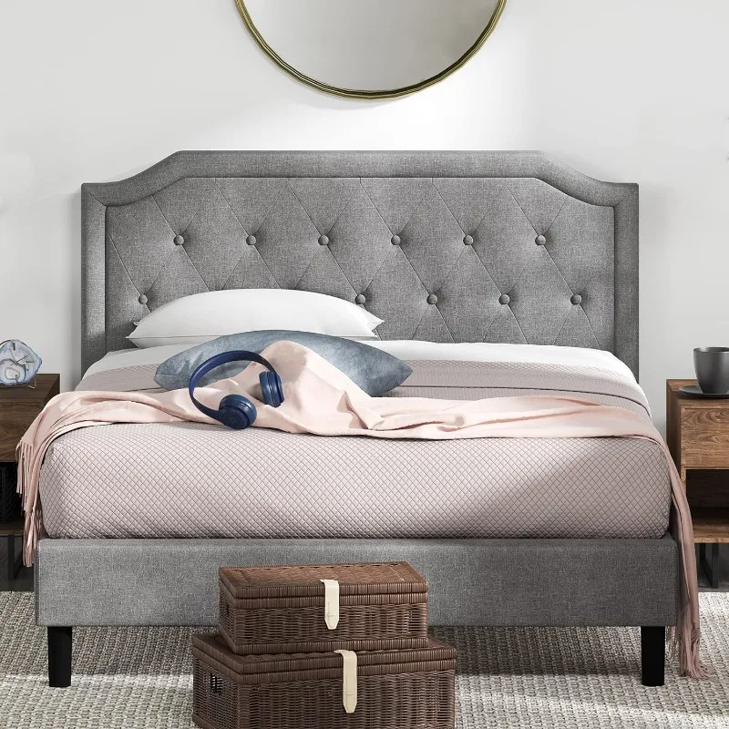 Kellen-Estofados Scalloped Plataforma Bed Frame, Fundação Colchão, Suporte Slat Madeira, Não Box Spring necessário