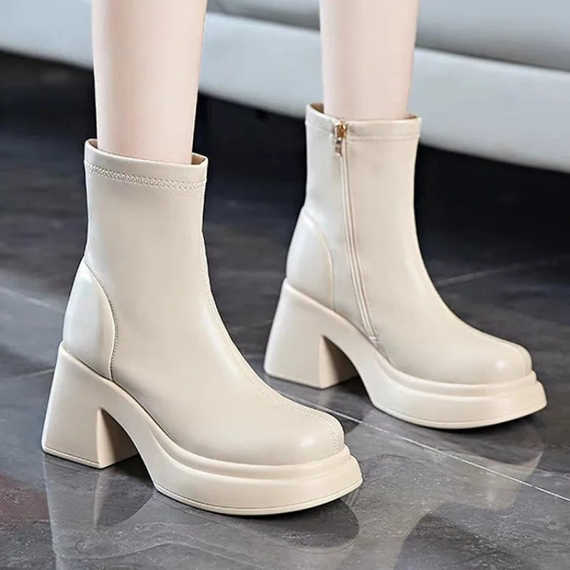 PU Leather Chunky Platform Ankle Boots Women Back Zipper Thick Heeled Short Boots Woman Super High Heels Black Punk Shoes Ladies