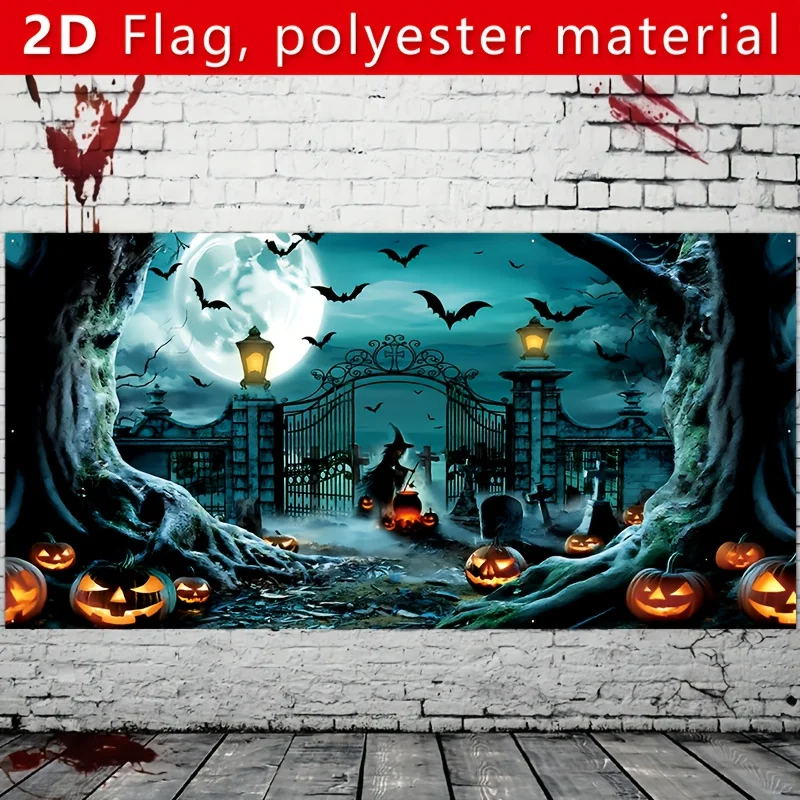 طائرة ثنائية الأبعاد، لافتة باب جراج كبيرة للهالوين - مشهد مقبرة رعب مع الخفافيش والسحرة وفوانيس اليقطين - ألياف البوليستر