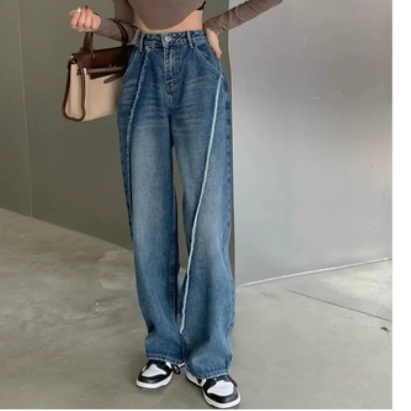 

Women Bottoms Vintage Blue High Waist Jeans Casual Straight Wide Leg Pants High Street Baggy Mopping Denim Trouser Ladies Summer