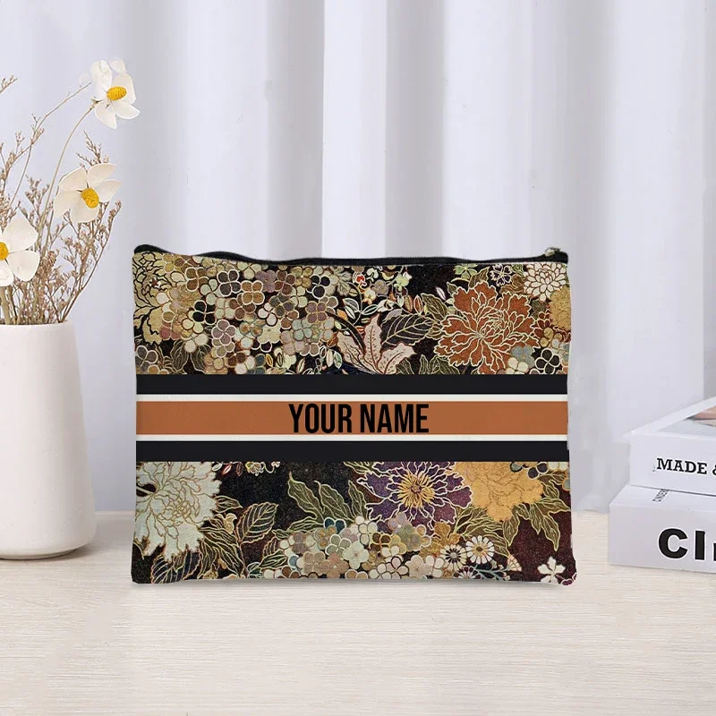 Bolsa de maquillaje Floral Vintage, bolso con nombre personalizado para mujer, organizador de cosméticos de viaje, bolsa de inodoro, bolsa lateral de moda para mujer