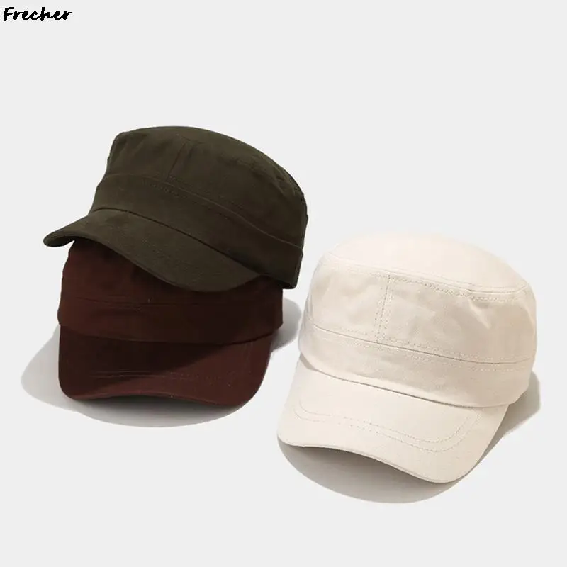 Mens Solid Color Visor Hat Breathable Cotton Army Cap Simple Plain Caps Adjustable Buckle Cadet Hats Man Casquette Comfortable