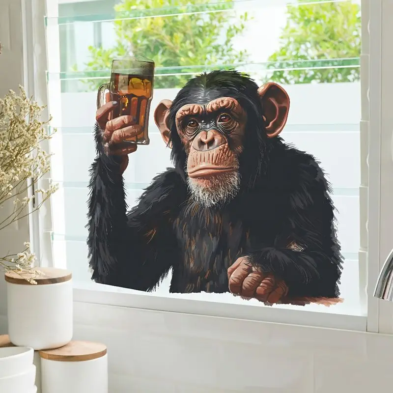 VIKAMA Funny Chimpanzee with Beer Fridge Door Sticker, Self-Adhesive Peel and Stick Decal, Kitchen Home Decor