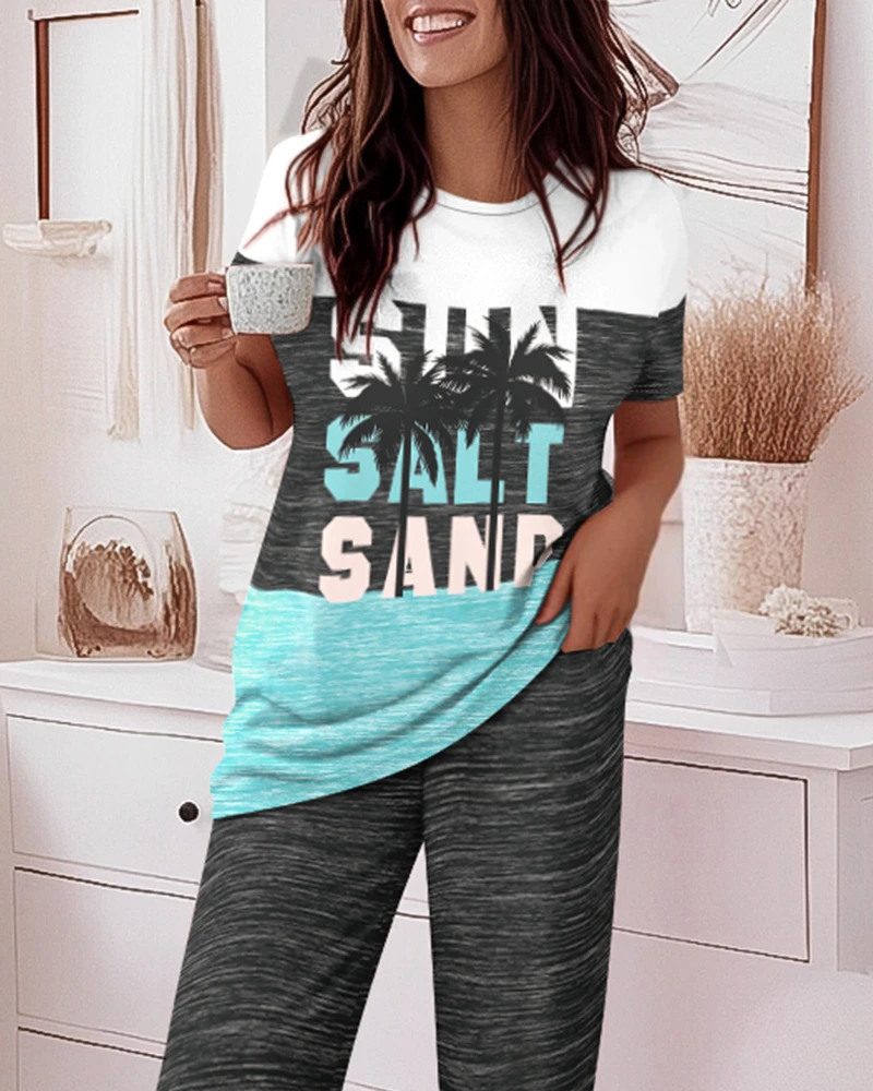 Conjunto informal de 2 piezas con estampado de letras de palma en forma de corazón, Top de manga corta, pantalones de pierna recta informales, conjunto de ropa de mujer, conjunto de pijamas