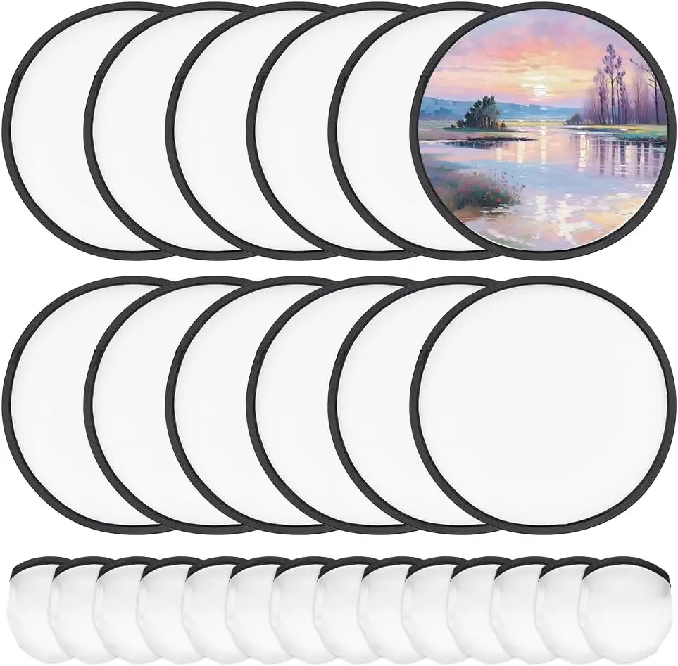 20Pcs White Foldable Flying Disc Fans Sublimation Fans Nylon Black Edge Folding Fan with Bag for Wedding Party Outdoor Activity