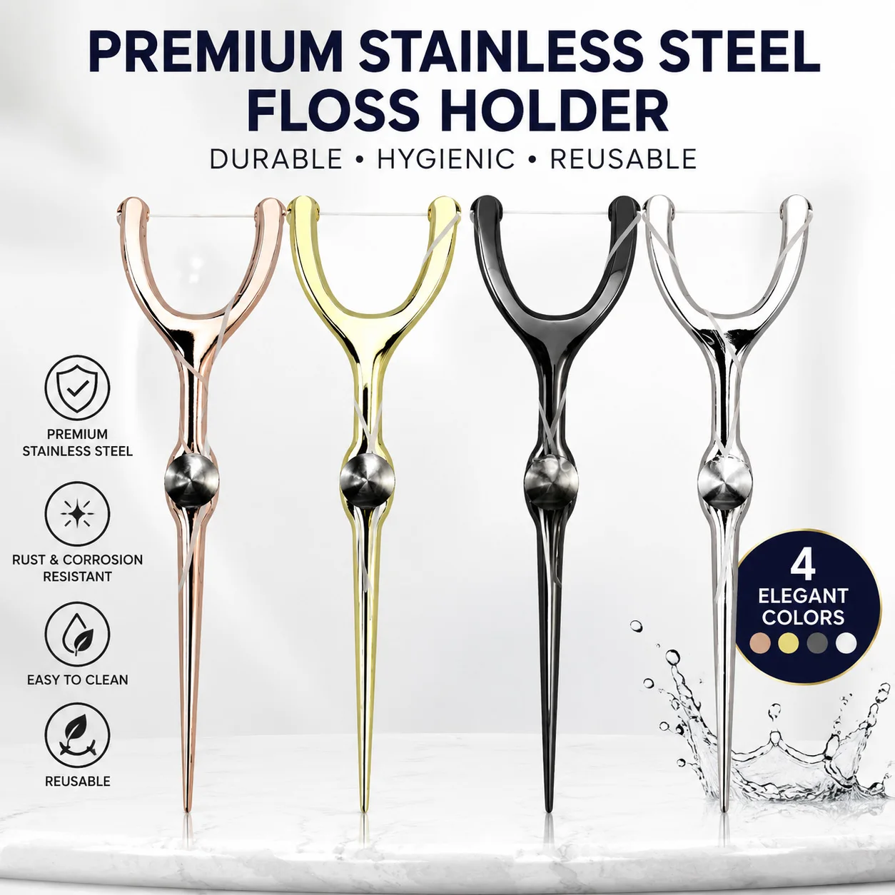 Y-Type Stainless Steel Floss Holder, Reusable Metal Floss Handle with Oblique Head Includes 50M Mint Floss Refill, 4 Colors