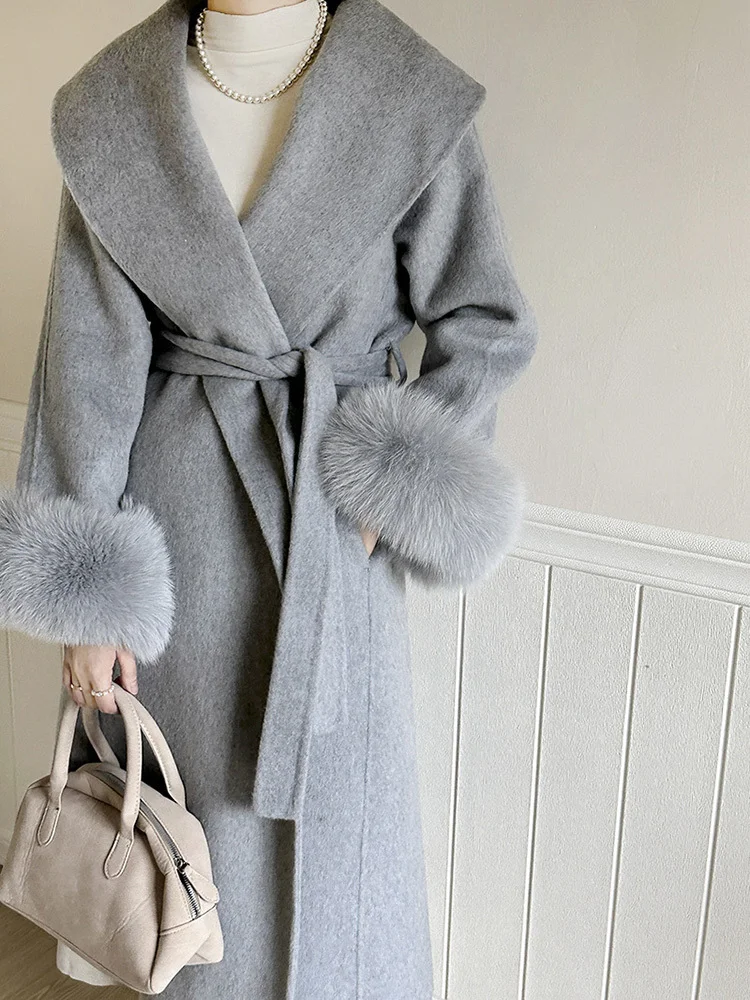 LANMREM Fox Fur High End Wool Coat For Women Big Lapel Double Sided Belt Overcoat Female Luxury Clothing 2023 Winter 2DA2595