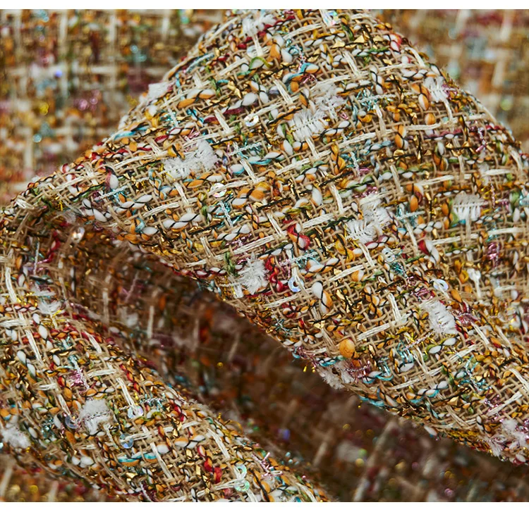 Gold-Pailletten Luxus-Metallgarn-Tweed-Stoff, Gemischtes Fantasiegarn-Texturgewebe für Mantel-, Anzug- und Kleidungsstücke zum Selbermachen, Meterware – Detail 2
