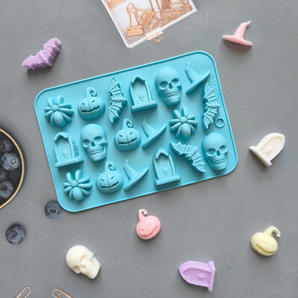 1/3pcs 18 Cavities Halloween Silicone Molds Ghost Pumpkin Bat Skull Witch Hat For DIY Halloween Chocolate Candy Baking Mold