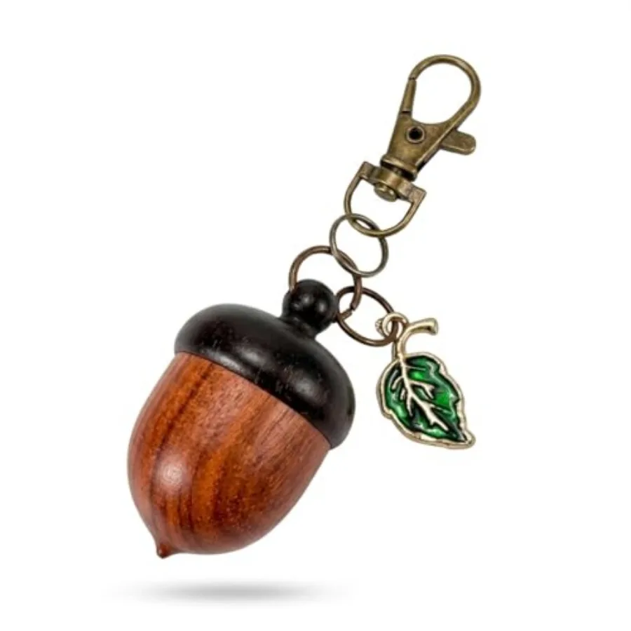 

Wood Acorn Keychain Pill Holder with Screw Cap, Openable Funny Keychain Box with Green Enameled Leaf Decor Zinc Alloy Lobster C