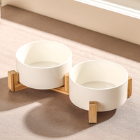For Voltsify Bamboo Double Ceramic Bowls Pet Feeder With Wooden Stand