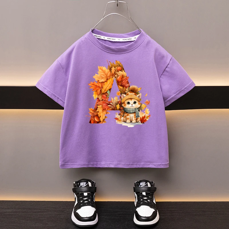 Maple Leaves Letter A Children T-shirt Kawaii Clothes for Girls T Shirt Anime Cartoons Casual Kid Boy Short Sleeve Tops New 2024